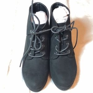 JustFab "Palma" Black Lace Up Wedge Booties